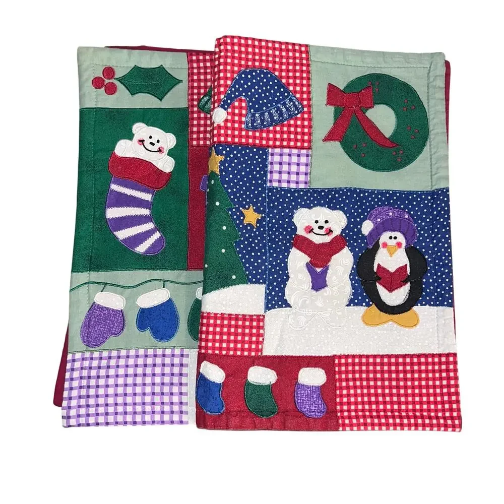 Holiday Winter‎ Quilted Embroidered Snowman Mittens …Placemats Set of Two